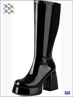 Knee High Platform Chunky Heel Square Toe Patent Leather Go-Go Boots 70s Disco